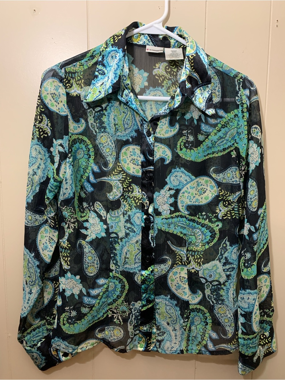Junior’s 7/9 No Boundaries Teal & Black Paisley Button-Up Sheer Blouse